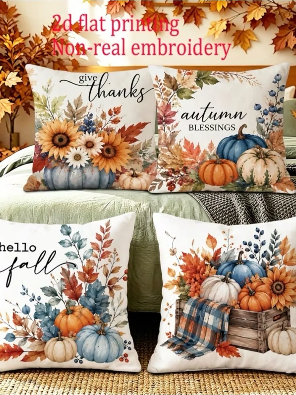 🆕 4 pc Autumn Blessings Fall Pumpkin Pillow Cover Set - Blue & Orange